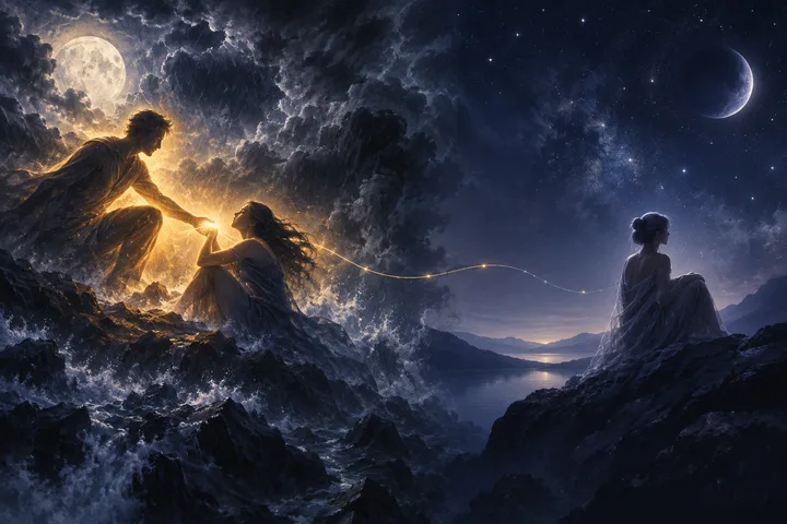 One seated figure reaches toward another glowing figure on stormy rocks, while a third figure sits apart beside a moonlit lake.