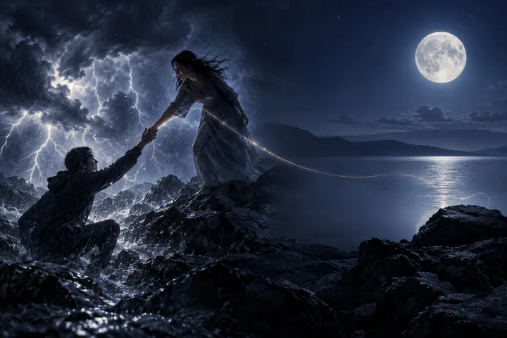 A person on wet rocks helps another person climb as lightning flashes over the water and a full moon shines in the sky.