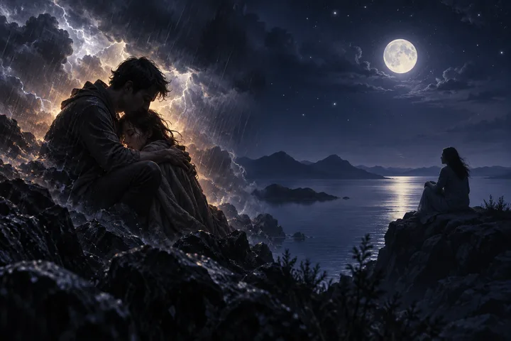 Two people embrace on rain-soaked rocks beneath lightning, while another person sits alone across a moonlit lake.