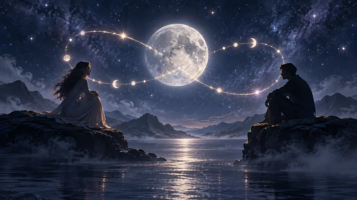 Two figures beneath an indigo moon, with a luminous thread looping between them