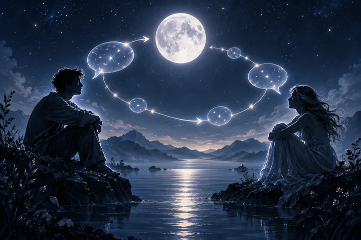 Two silhouetted figures beneath a full moon, linked by celestial speech bubbles