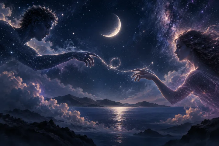 Two reaching hands connected by a glowing thread beneath a crescent moon