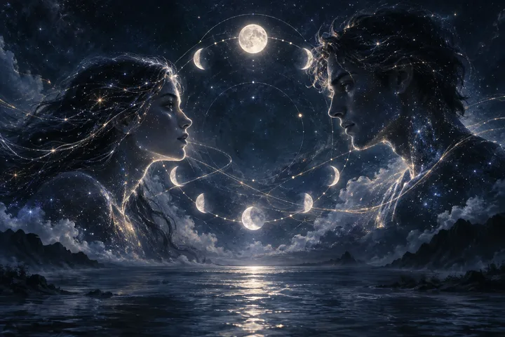 Two facing figures surrounded by lunar phases and starry circular lines