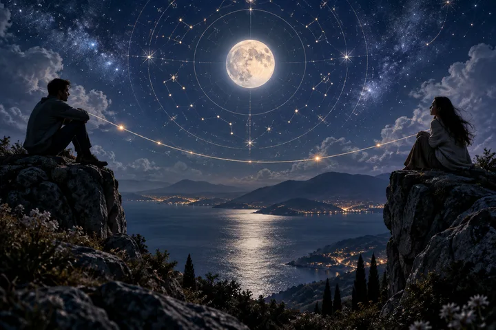 Two silhouetted people sit on rocky cliffs across a moonlit bay, connected by a glowing line beneath a full moon and circular star patterns.