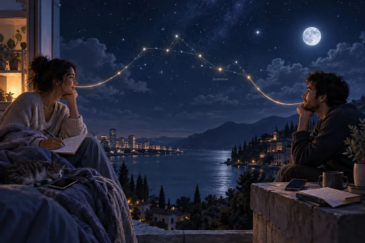 Two people sit in separate homes overlooking a lit lakeside town, with a glowing constellation line between them; one writes in a notebook while the other sits beside books and a phone.