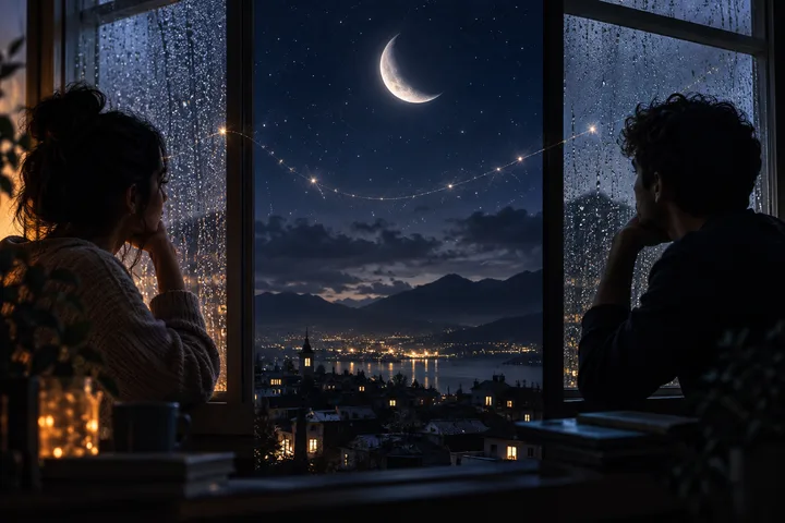 Two silhouetted people look out from opposite sides of a rain-streaked window toward a crescent moon, mountains, and lights around a lake.