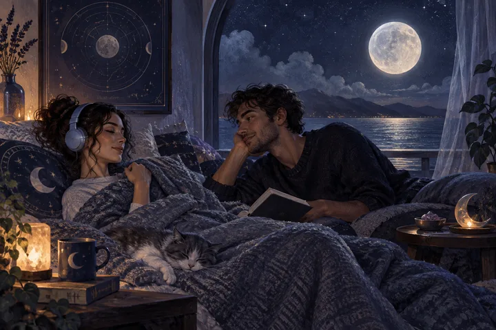 Two people rest together under a blanket beside a sleeping cat; one wears headphones while the other holds a book. A full moon, stars, water, and mountains are visible through the window.