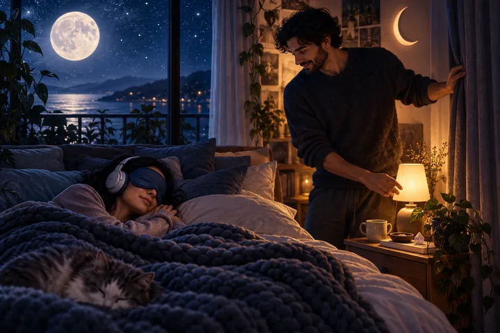 One person sleeps under a thick knitted blanket wearing headphones while another adjusts a lamp beside the bed. A cat rests at the foot of the bed.