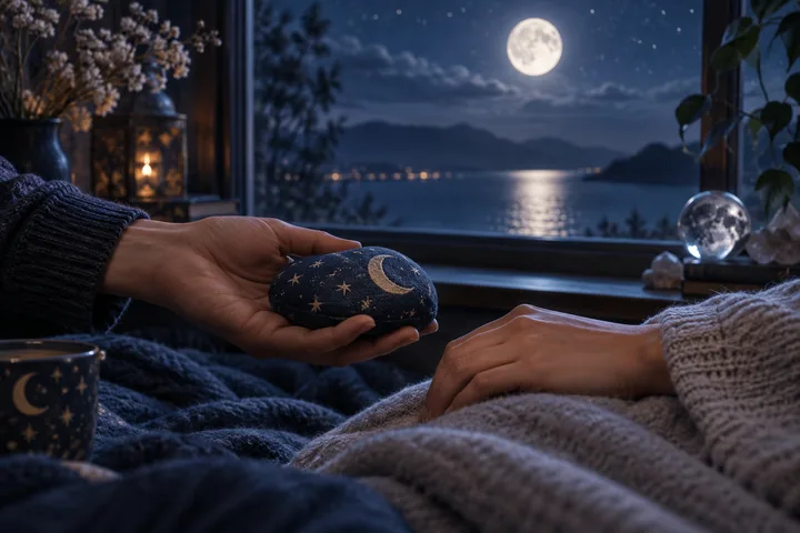 Two hands meet over a dark blue oval object decorated with a crescent moon and stars, with a moonlit lake and mountains visible through the window.