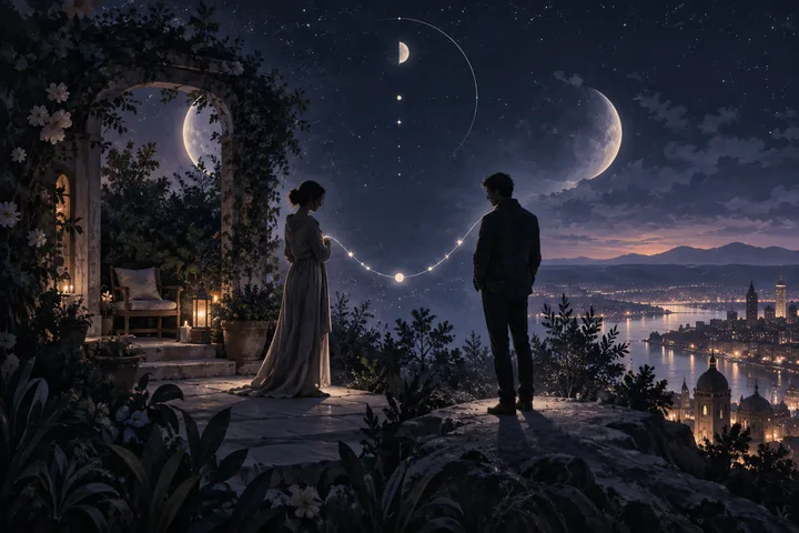 Two people stand between a moonlit private garden and a glowing city, connected by a delicate constellation under an indigo sky.