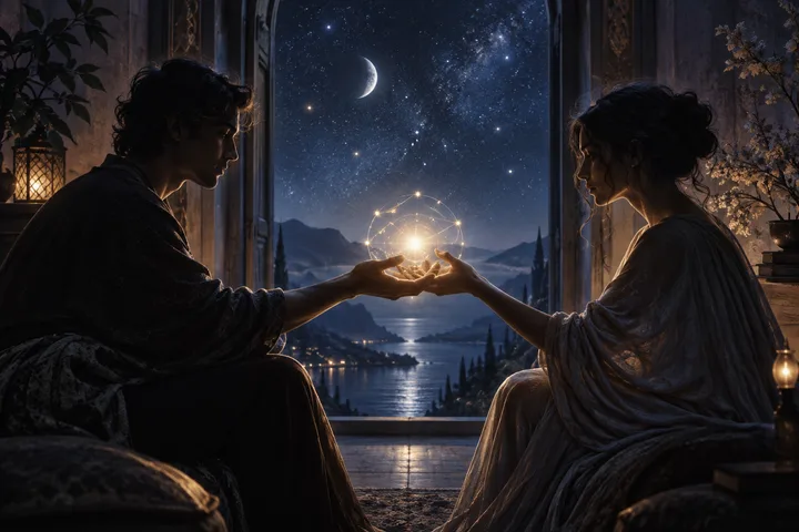 Two equal partners jointly hold a glowing constellation at a moonlit threshold, symbolizing mutual participation and trust.