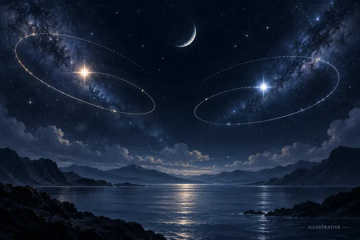 Moonlit mountain lake beneath a star-filled sky, with a crescent moon, two bright stars, and dotted orbital paths.
