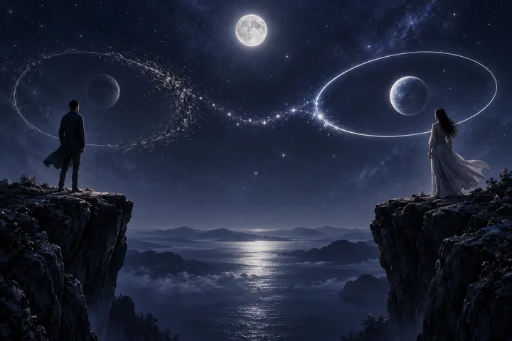Two silhouetted figures stand on separate cliffs above a moonlit lake, with glowing orbital rings and planets between them.