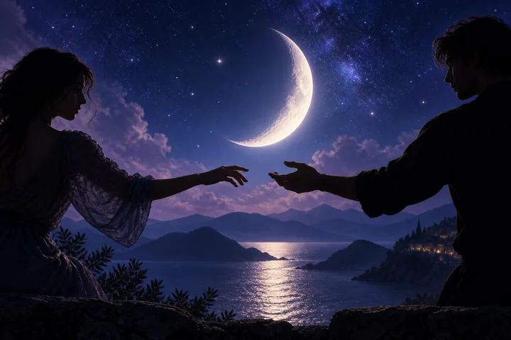 Two silhouetted figures reach toward each other across a moonlit lake, with a crescent moon and mountains behind them.