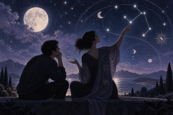 A couple sits beneath a full moon while one partner points toward a constellation, suggesting shared orientation and unequal guidance.