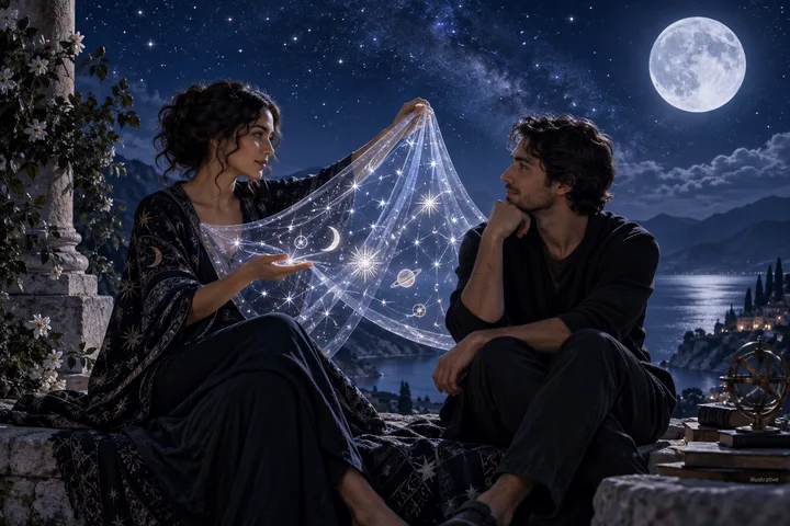 A woman holds a translucent star map between herself and her partner, turning celestial symbolism into a shared language.
