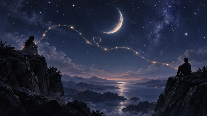 Two seated figures on separate cliffs overlook a moonlit sea beneath a crescent moon and stars.