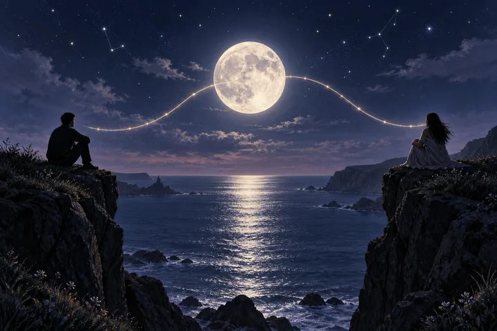 Two seated figures face each other from separate coastal cliffs beneath a full moon and a glowing line of lights.