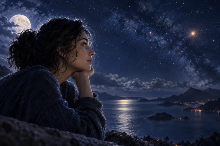 A person rests their chin on one hand while looking across a moonlit bay beneath a star-filled sky.