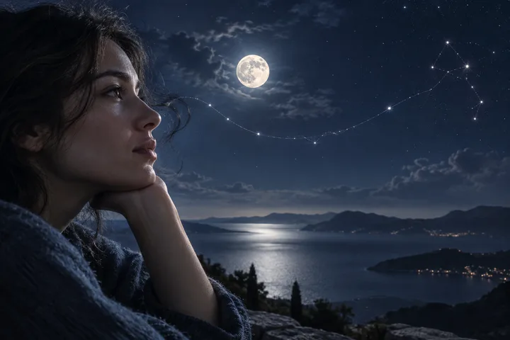 A close-up side profile of a person faces a full moon and connected stars above a dark coastal bay.