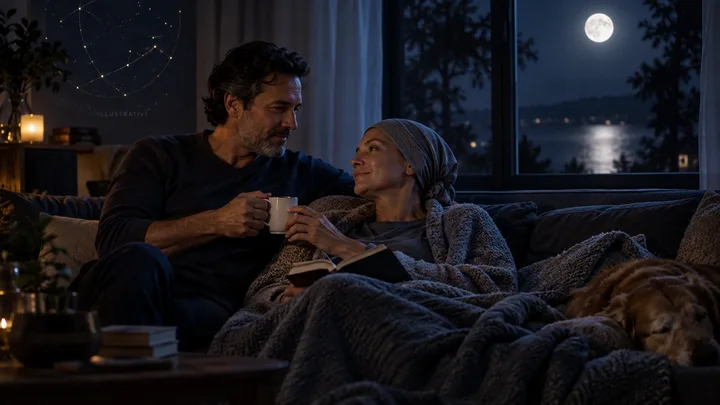 Two partners share a quiet moonlit evening at home, reflecting the tenderness and changed roles of a soulmate-feeling bond during illness.