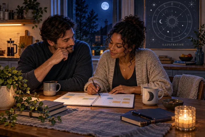 Two partners plan a shared care routine at a kitchen table beneath moonlight, representing practical mutual participation and consent.