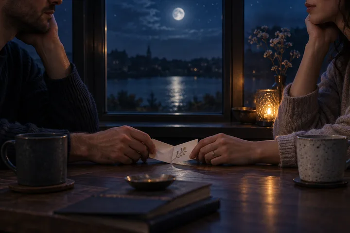 Two partners hold opposite sides of a small folded note across a moonlit table, connected yet retaining personal space.