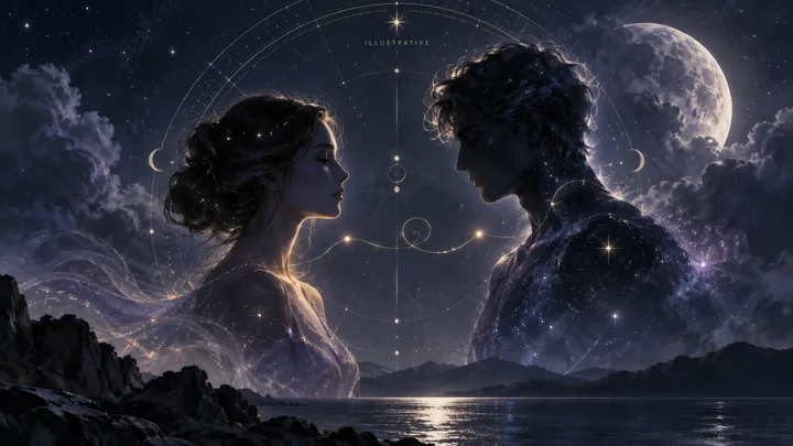 Two luminous figures face each other across a moonlit lake beneath an illustrative astrological chart and full moon.
