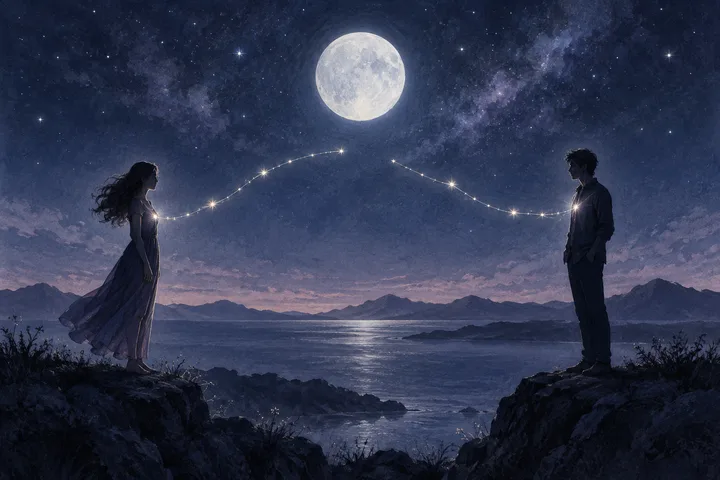Two people stand on opposite sides of a moonlit lake, joined by a dotted constellation path beneath the full moon.