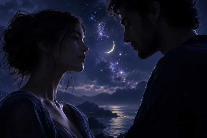 A close view of two people looking toward each other beneath a crescent moon and a bright band of stars.