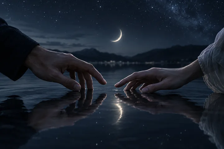Two hands reach toward each other across reflective water beneath a crescent moon, leaving a small space between them.