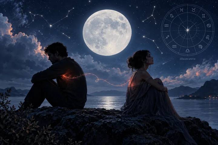 Two figures sit beneath a large indigo Moon while a glowing illustrative synastry circle separates them, suggesting attraction held beside emotional tension.