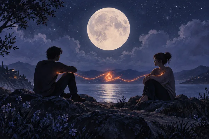 Two figures sit apart beneath a full Moon, linked by a glowing orange thread across the water, suggesting magnetic pull and emotional distance.