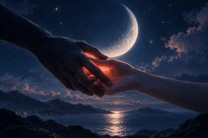 Two hands meet beneath a crescent Moon over a dark mountain lake, evoking contact and a tentative moment of connection.