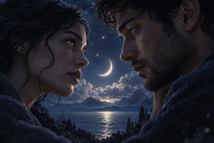A woman and a man face each other closely beneath a crescent Moon, their expressions intent as they share a quiet moment beside the water.
