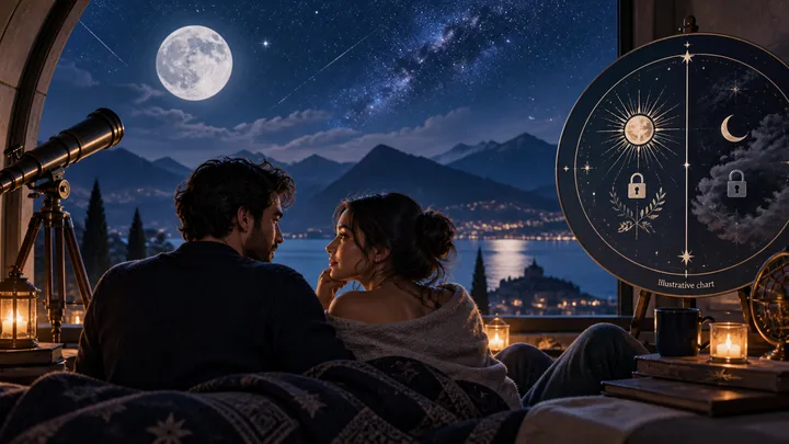 Moonlit indigo couple standing beside an open doorway beneath a divided celestial sky