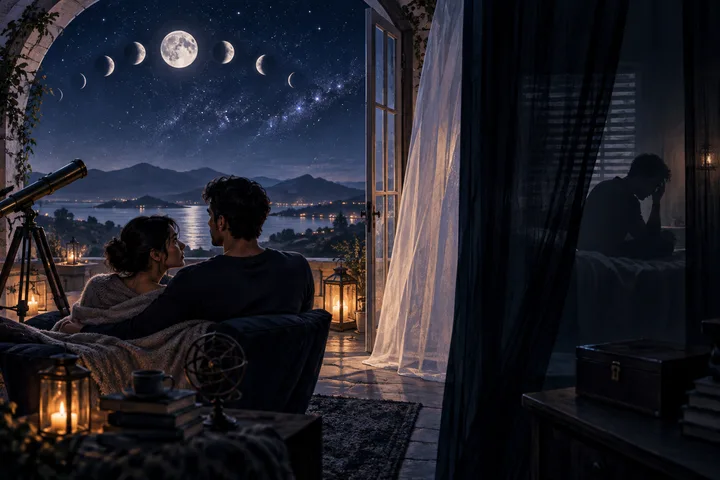 Illustrative synastry circles glowing over two hands sharing a quiet conversation