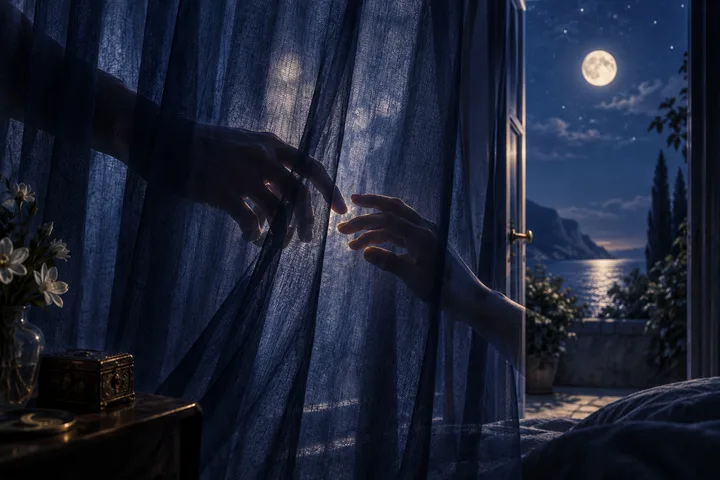 Indigo room with a protected candlelit table opening toward a star-filled public horizon
