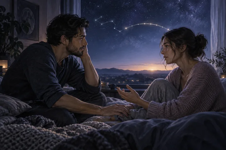 A couple sits together beneath a moonlit indigo sky, sharing a tender conversation while an illuminated constellation arches between them.