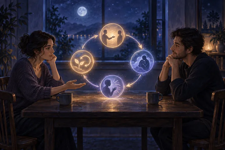 Two people sit across a table beneath the Moon as glowing illustrative scenes connect emotional recognition, care, and the choices that shape a relationship.