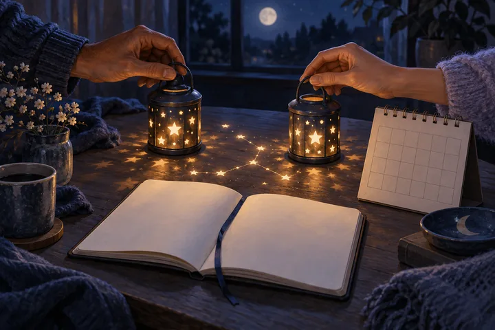 Two hands lift star-cut lanterns above an open notebook and a blank calendar in a moonlit indigo room, evoking affection, time, and shared responsibility.