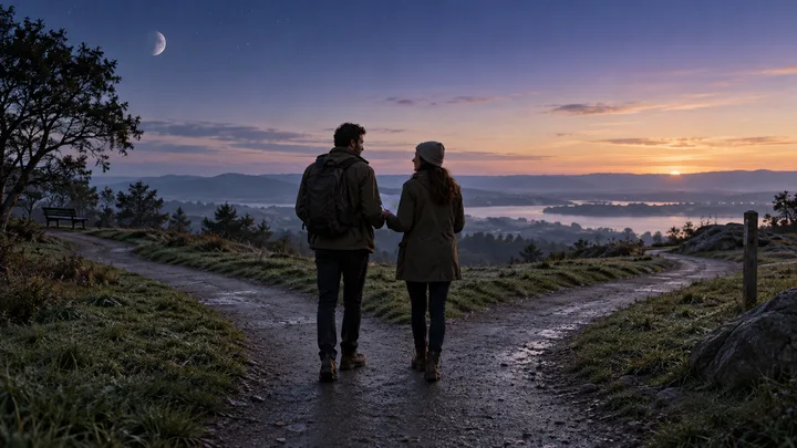 Two people walk side by side at dawn beside a forked path, suggesting that a future requires an honest choice.