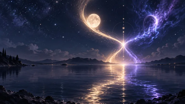 Moonlit indigo landscape where a steady golden celestial path and an electric violet path meet above reflective water, illustrating soulmate recognition and emotional intensity.