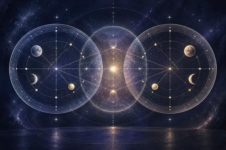 Two generic translucent illustrative natal-chart fields connected by luminous aspect lines around a third shared composite relationship field.