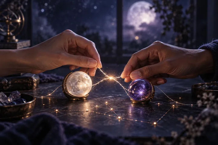 Close-up of two hands aligning a luminous thread between a moon sphere and a violet spark sphere, symbolizing mutual participation and repair.