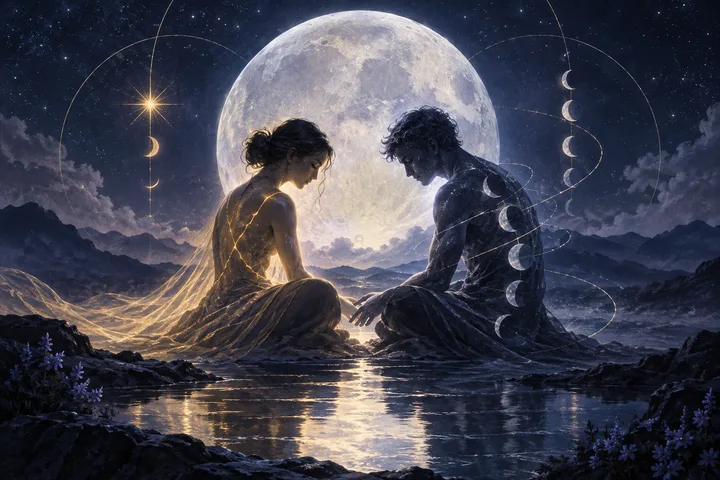 Two seated human figures face each other beside reflective water beneath a large full moon, with mountains, stars, and crescent-moon motifs in the night sky.
