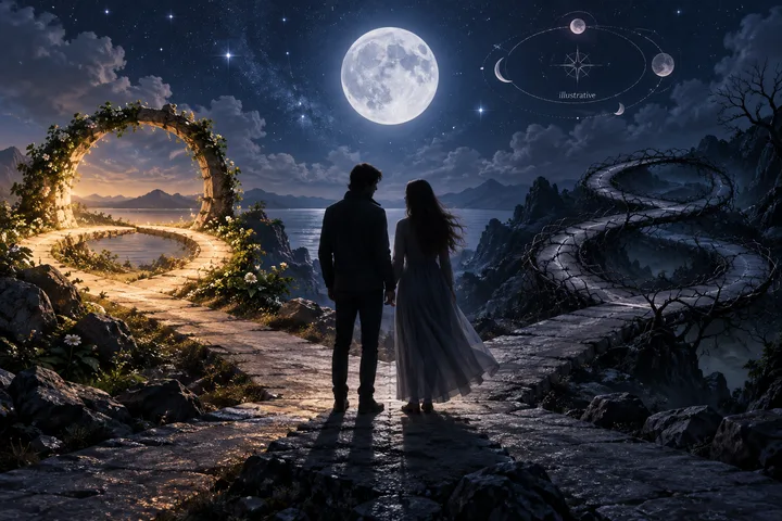 Two silhouetted figures stand on a rocky path between a glowing flower-covered stone arch and a dark winding path, beneath a full moon and starry sky.