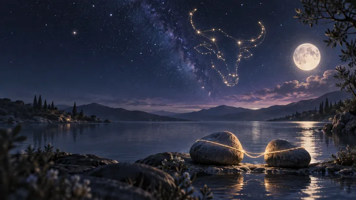Moonlit Taurus constellation above a calm indigo lake, with two stones joined by a thread of warm light.