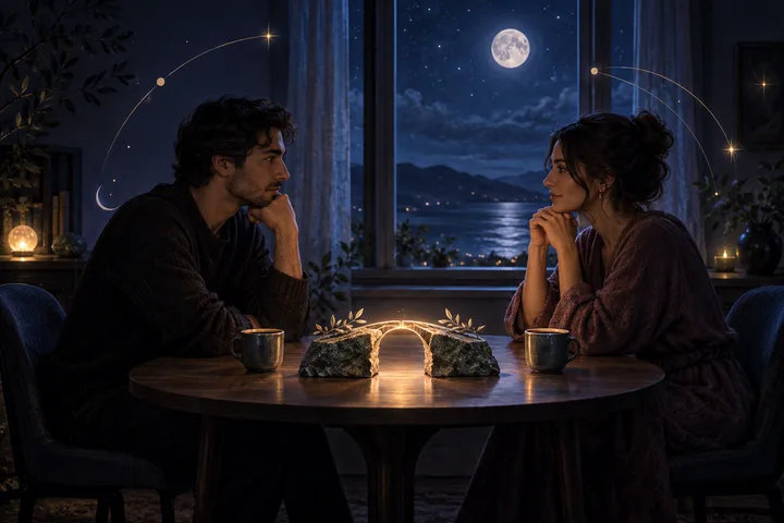 Two people having a calm conversation across a table, with a glowing stone bridge between them beneath a full moon.