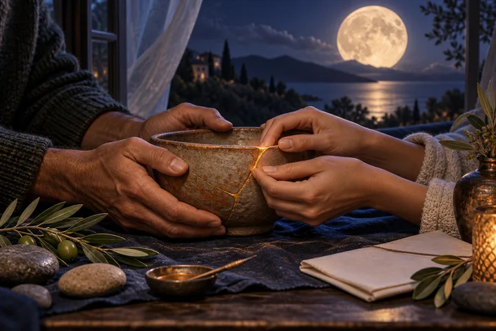 Two pairs of hands restoring a cracked earthenware bowl with a glowing gold seam beside a Taurus Full Moon.